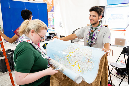 Scout volunteers prepare the Better World Tent at the 24th World Scout Jamboree, North America, in West Virginia.